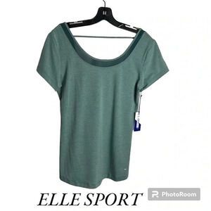ELLE SPORT green workout t shirt with scoop mesh ,lower back & ELLE  logo,France